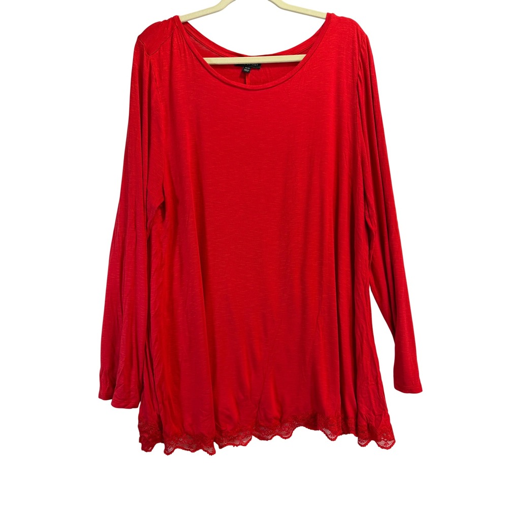Lane Bryant Red Lace Trim Long Sleeve Tunic Top Size 18/20 Scoop Neck Slub Knit